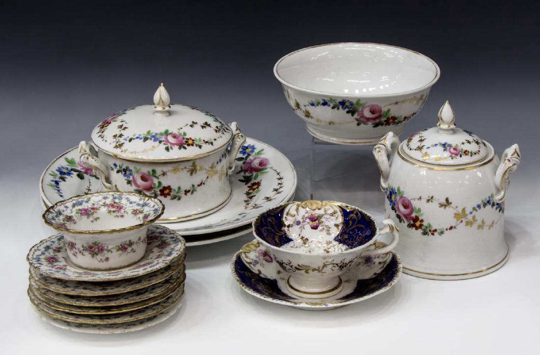 (14) ASSORTED PORCELAIN TABLEWARE, LIMOGES, GUMPS: (lot of 14) Group of assorted porcelain dinnerware, including: (7) pink and blue floral pattern with gilt scalloped edges, Theodore Haviland, Limoges, France, sold by S & G Gump, San Francisco, marked