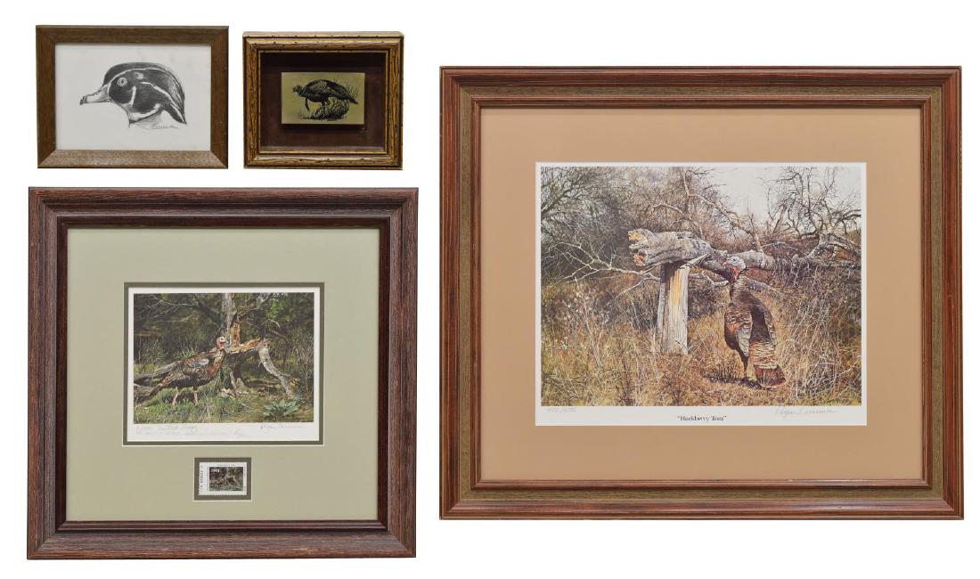 (4) RAGAN GENNUSA (B.1944) FRAMED DRAWING & PRINTS: (lot of 4) Ragan Gennusa (Texas, b. 1944) framed art, including: (1) pencil drawing on paper, Wood Duck, signed lower right, overall: 6.25"h, 8.25"w; (1) artist's proof print, Wild Turkey, dedicated a