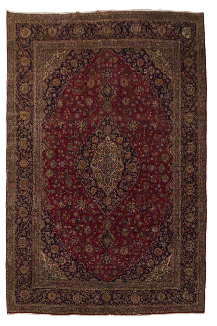 HAND-TIED PERSIAN KASHAN RUG, 13'3" X 9'7": Hand-tied Persian Kashan rug, with patch repair, approx 13'3" x 9'7" Start Price: $300.00