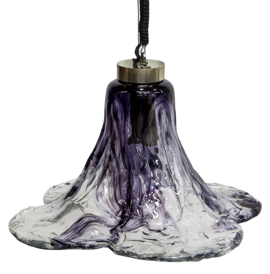 ITALIAN MODERN MURANO ART GLASS PENDANT LIGHT: Italian modern pendant light, late 20th c., colorless and amethyst purple swirl Murano art glass lobed or floral-form pendant, concealing single light, in need of wiring, approx 15"h, 24"diam (pendant