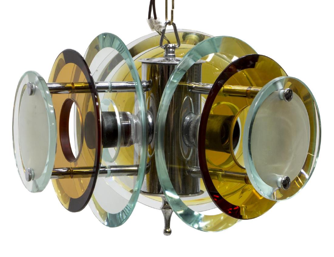 ITALIAN MODERN GLASS 3 LT PENDANT CHANDELIER: Italian modern beveled glass 3 light pendant chandelier, c. 1970, having cylindrical silver standard, with three pairs of arms, each holding three circular beveled glass shades, diminishing in size, t