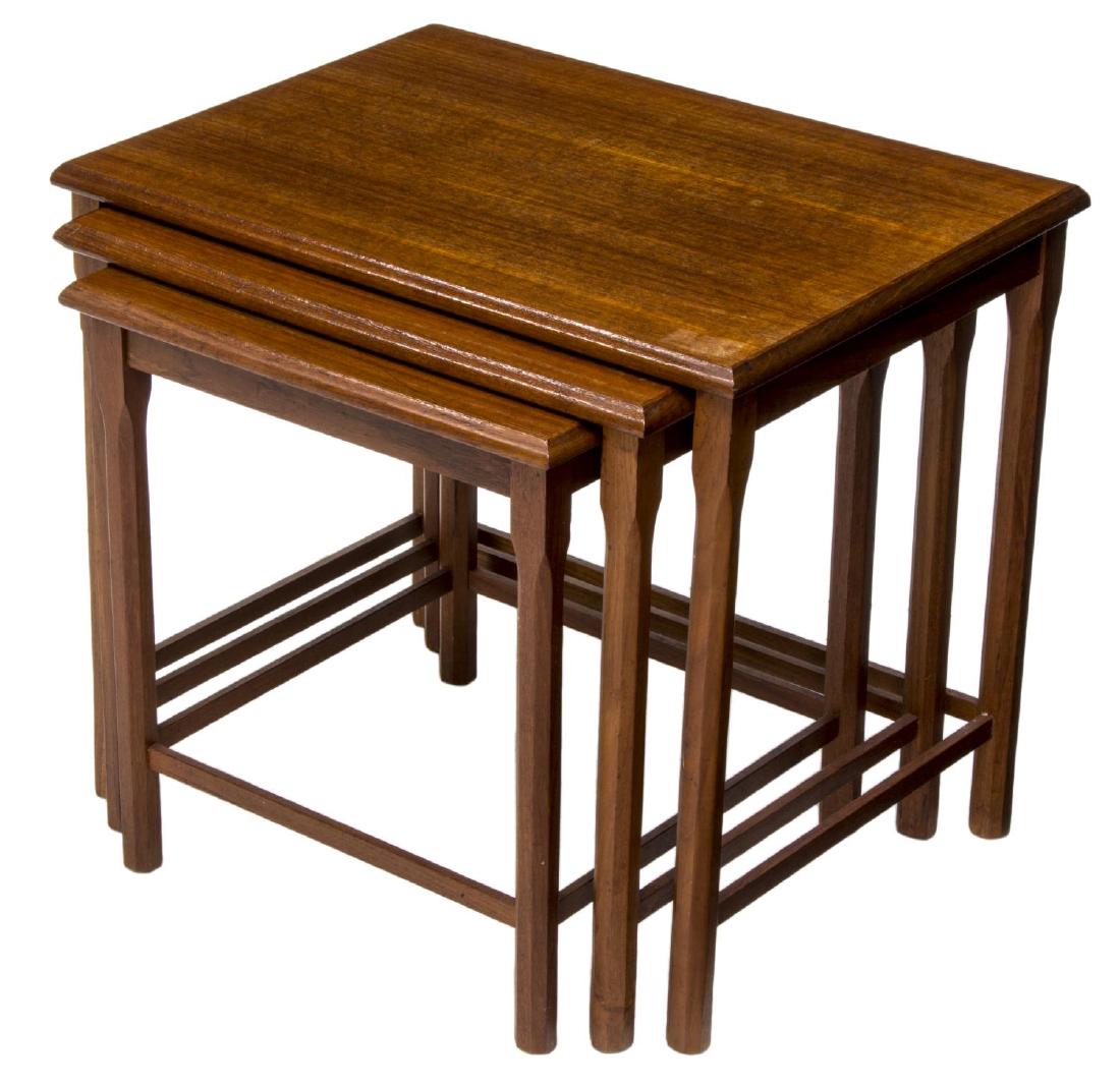 (3) DANISH MID-CENTURY MODERN TEAK NESTING TABLES: (set of 3) Danish mid-century modern teakwood nesting tables, c. 1950's, rectangular tops, rising on stretcher-joined carved octagonal wood legs, largest table: 19"h, 21.75"w, 15.75"d Start Price: $80