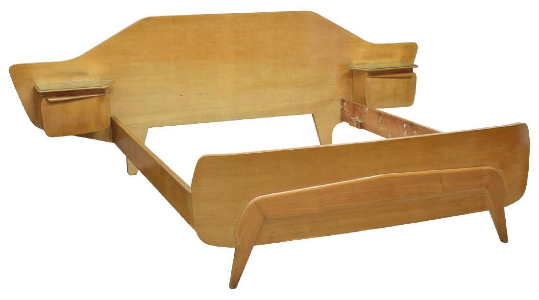 ITALIAN MID-CENTURY MODERN BED & NIGHTSTANDS: Italian mid-century modern bed frame, c. 1950, design attributed to Silvio Cavatorta, shaped headboard with attached nightstands, nightstands with drop front and mirrored top, horizontal rails joining