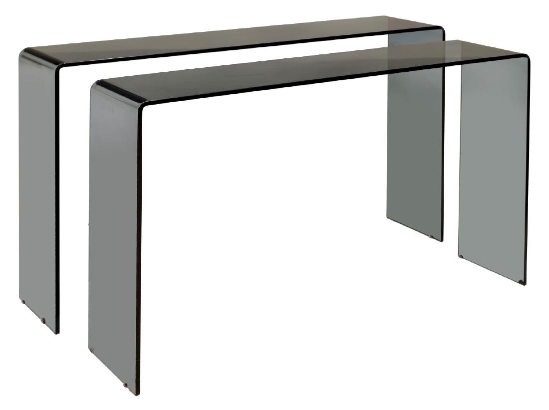 (2) ITALIAN MODERN NESTING GLASS CONSOLE TABLES: (pair) Italian modern nesting glass console tables, c. 1970's, single bent piece of smoked black glass, largest table: 30 1/8"h, 51.25"w, 11.75"d Start Price: $200.00