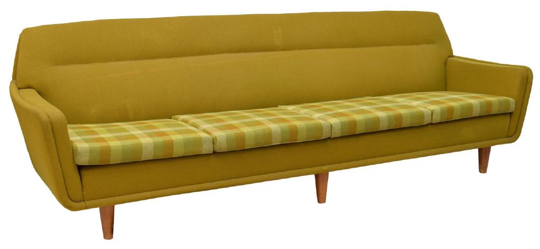 SWEDISH MID-CENTURY MODERN SOFA, DUX: Swedish mid-century modern sofa by DUX, c. 1960's, avocado green upholstery, slightly curved back and arms, having removable cushions in green, orange, and white plaid, rising on six turned tapered wo