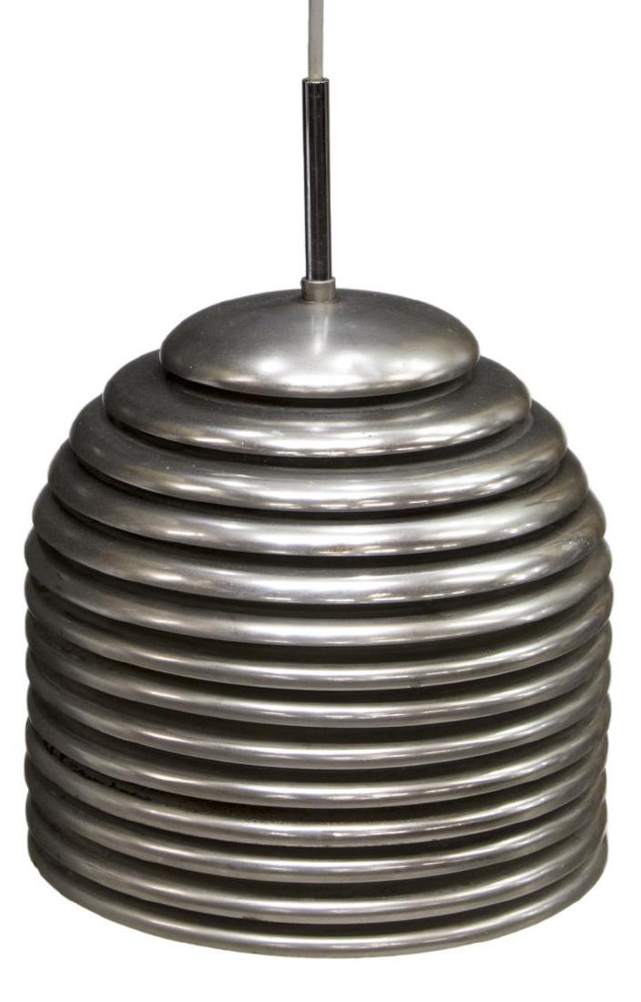 ITALIAN MODERN CHROMED STEEL SINGLE PENDANT LIGHT: Italian modern industrial pendant light, c. 1970, chromed steel stacked pendent, concealing a single light, some surface rust, in need of wiring, pendant only: approx 18.5"h, 12"diam Start Price: $150