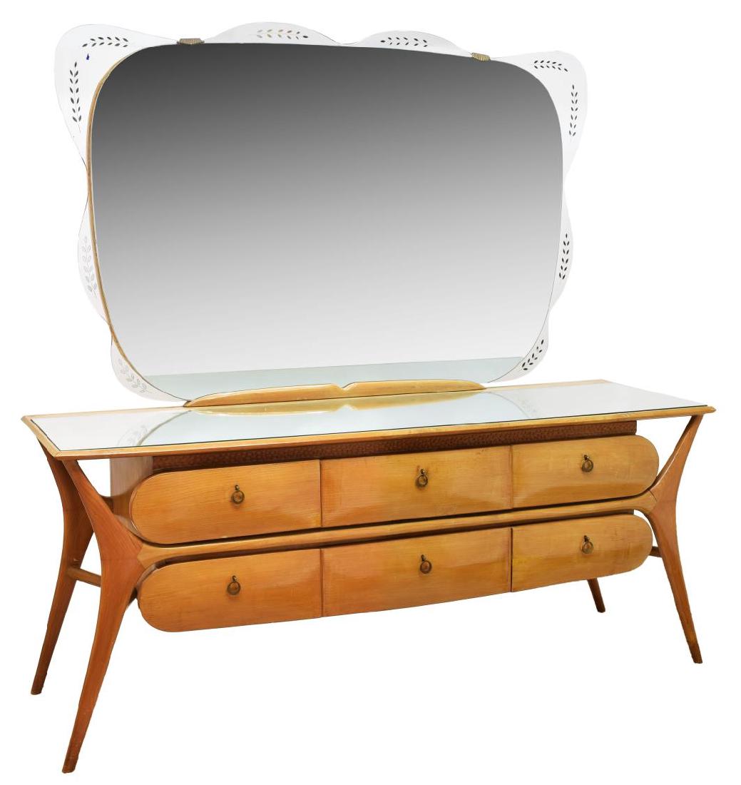 SILVIO CAVATORTA (ATTRIB.) TEAK COMMODE W/ MIRROR: Art Deco teakwood commode and mirror, Italian, c. 1930's, design attributed to Silvio Cavatorta, large oval mirror with shaped glass edges, and etched mirror leaf design, above rectangular surface wit