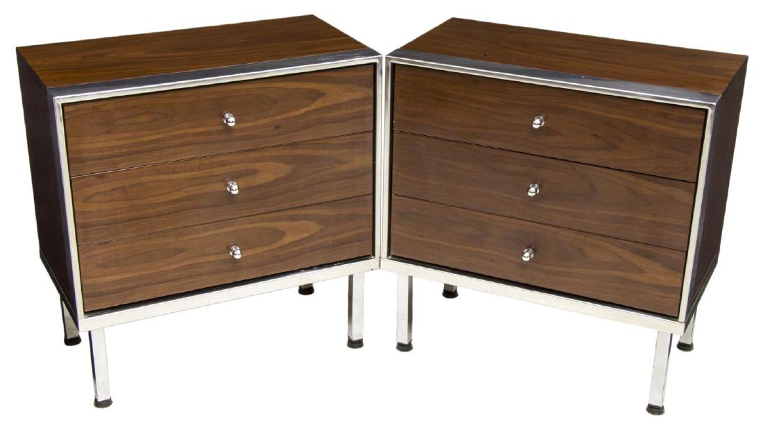 (2) CONTINENTAL MODERN SIDE CABINETS, CHROME FRAME: (pair) Modern side cabinets, Continental, rosewood finish, having rectangular top, chrome metal frame to front, fitted with three drawers with chrome pulls, rising on square chome legs, approx 26"h, 1