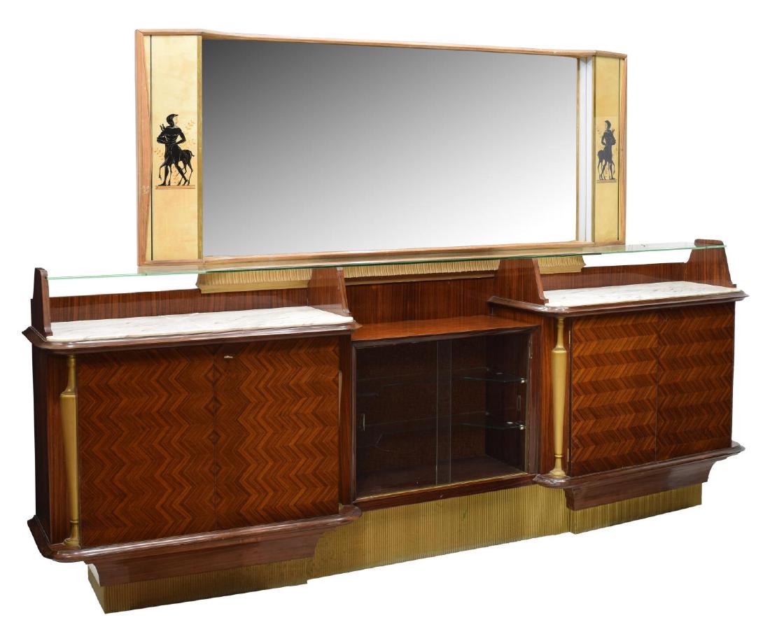 ITALIAN MODERN PAOLO BUFFA (ATTRIB.) SIDEBOARD: Italian mid-century modern rosewood sideboard, c. 1950, design attributed to Paolo Buffa (Italy, 1903-1970) for Consorzio Esposizione Mobili Cantu, having rectangular mirror flanked by sconces decorat