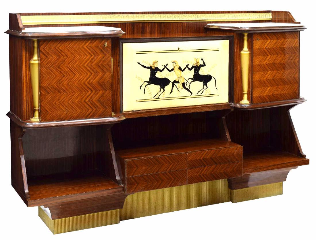 ITALIAN MID-CENTURY BAR PAOLO BUFFA ATTRIB. DESIGN: Italian mid-century modern bar cabinet, the 1950's design attributed to Paolo Buffa (Italy, 1903-1970) for Consorzio Esposizione Mobili, Cantu, the back rail accented with guilloche carving over two m