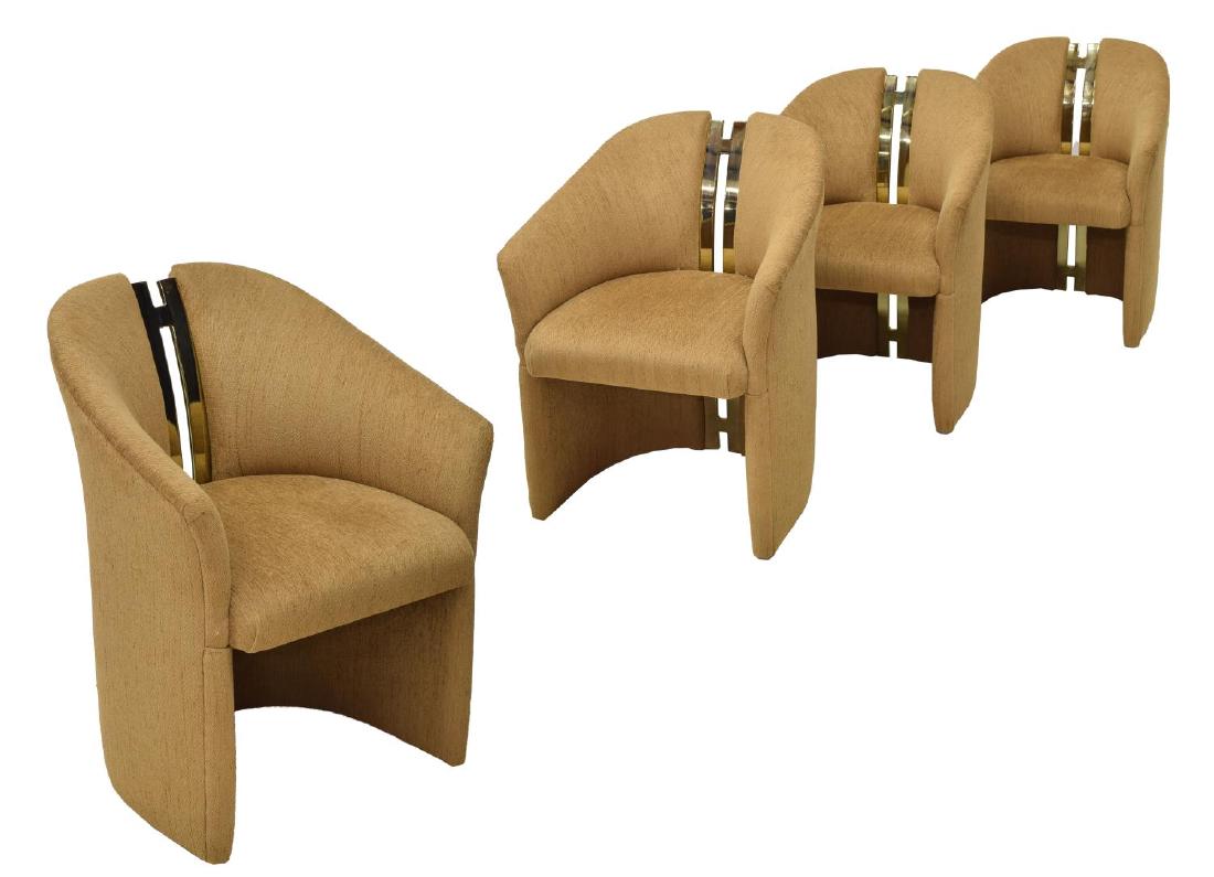 MODERN BARREL BACK BRASS ACCENTED CHAIRS: (lot of 4) Modern lounge chairs in a full length barrel form upholstered in light brown fabric, the backs divided by vertical pierced brass, 34"h, 26"w, 25"d Start Price: $200.00