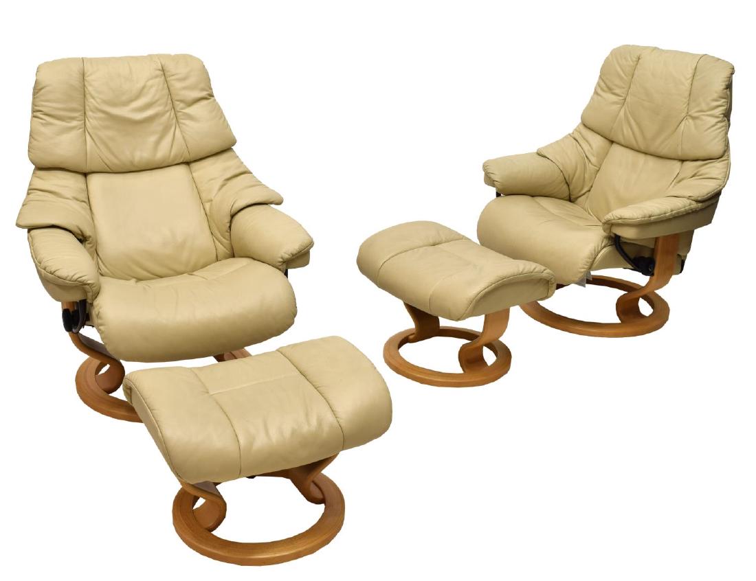 (4) EKORNES STRESSLESS LEATHER CHAIRS & OTTOMANS,: (lot of 4) Stressless chairs and footstools by Ekornes of Norway, reclining swivel base chairs upholstered in beige leather with matching footstools, chairs: 38"h, 32"w, 29"d, stools: 17"h, 22.5"w, 17