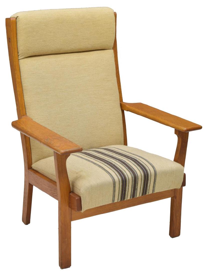 HANS WEGNER GEDSTED OAK FRAME ARMCHAIR: Armchair, Denmark, design by Hans J. Wegner (Denmark, 1914-2007) for Getama Gedsted, oak frame with fixed back cushion in beige fabric, the seat in beige with dark stripes, wood brand mark to undersid