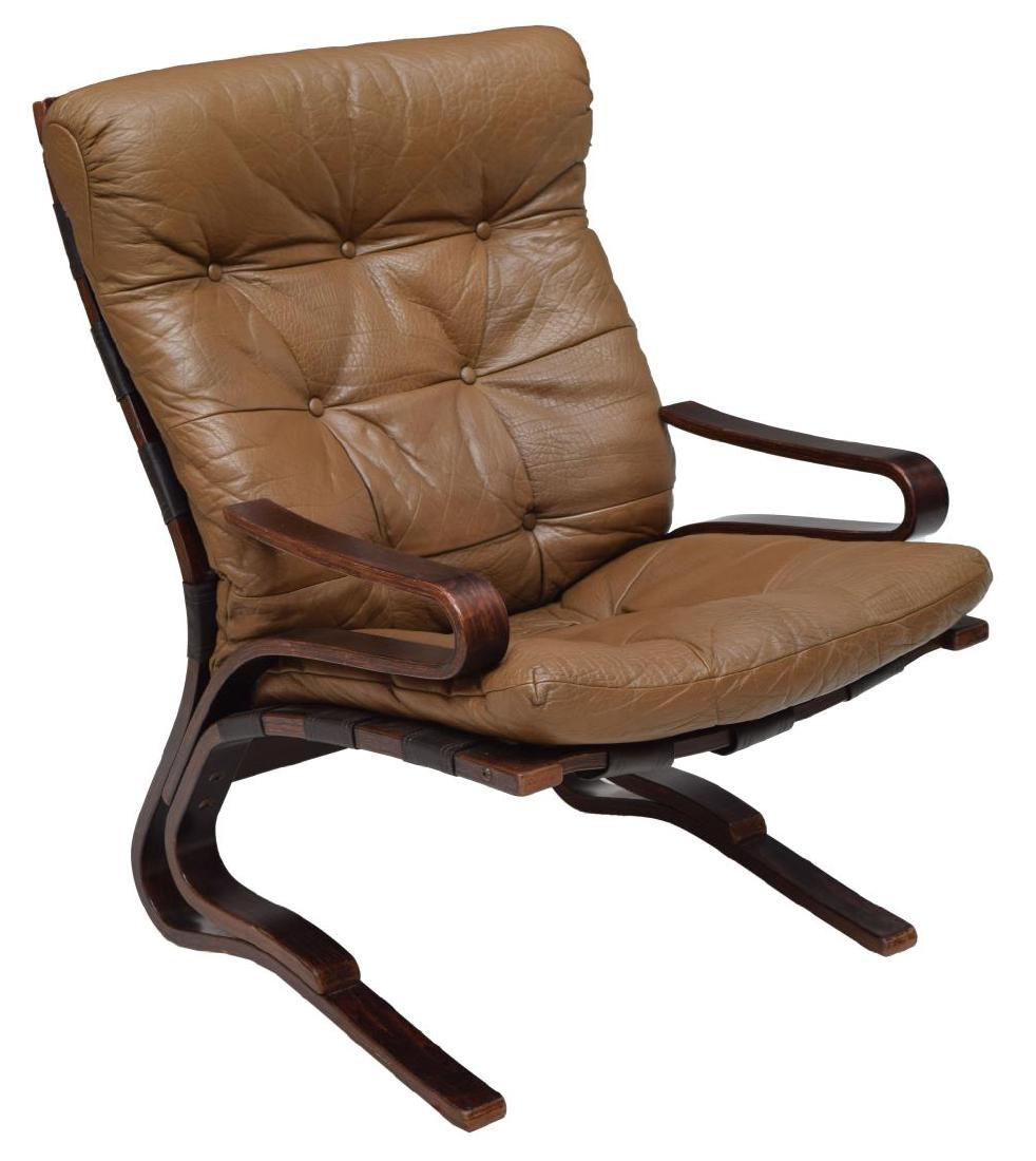 DANISH MODERN BENTWOOD LEATHER LOUNGE CHAIR: Danish modern lounge chairs, c. 1970s, removable buttoned leather upholstered seating with padded head rest, over sling on a dark bentwood frame, some wear to leather, approx 34.5"h, 25.5"w, 29"d Star