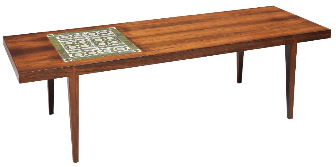 DANISH COFFEE TABLE, ROYAL COPENHAGEN TILES: Danish mid-century modern rosewood coffee table by Haslev, designed by Severin Hansen (Denmark, 1887 -1964), c. 1960's, rectangular top, having Royal Copenhagen green and white tile insert to one side