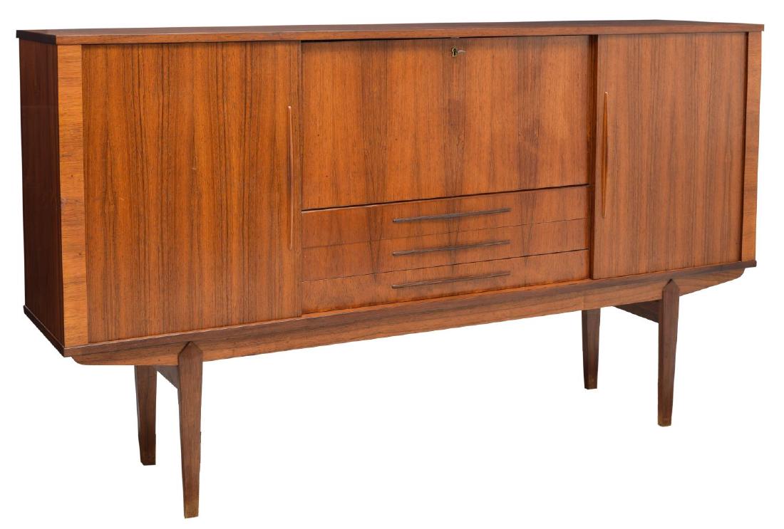 DANISH MID-CENTURY MODERN ROSEWOOD SIDEBOARD & BAR: Danish mid-century modern rosewood sideboard and bar, c. 1960's, rectangular case fitted with two side cabinets, with shelves to interior, center fold down front bar with etched mirror back and shelf,