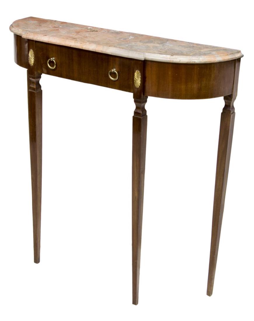 PAOLO BUFFA MARBLE TOP CONSOLE TABLE, C. 1950'S: Italian console table, attributed to Paolo Buffa (Italian, 1903-1970), c. 1950's, shaped rose marble top, over conforming body, with gilt metal ormolu accents, having single drawer, with gilt metal ri
