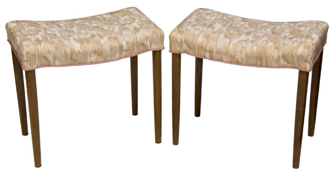 (2) DANISH MID-CENTURY MODERN OAK FOOTSTOOLS: (pair) Danish mid-century modern footstools, c. 1950's, rectangular curved tops, having pink, orange, and white mottled upholstery, with pink braid accent around edge, rising on turned tapered oak leg