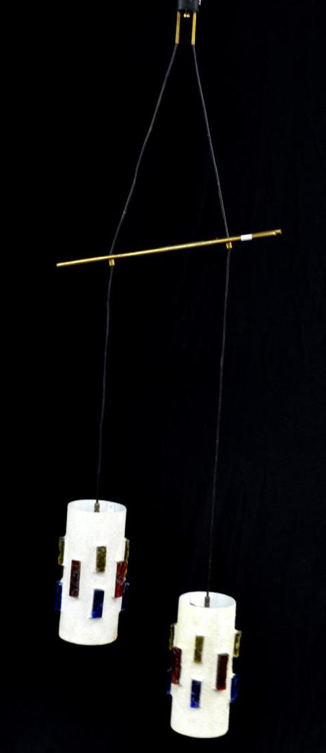 ITALIAN ART GLASS DOUBLE PENDANT CEILING LIGHT: Italian art glass double pendant ceiling light, design by VeArt, c. 1960, the central standard having two wires stabilized by brass rod, issuing two textured cylinder shades with colored glass inserts
