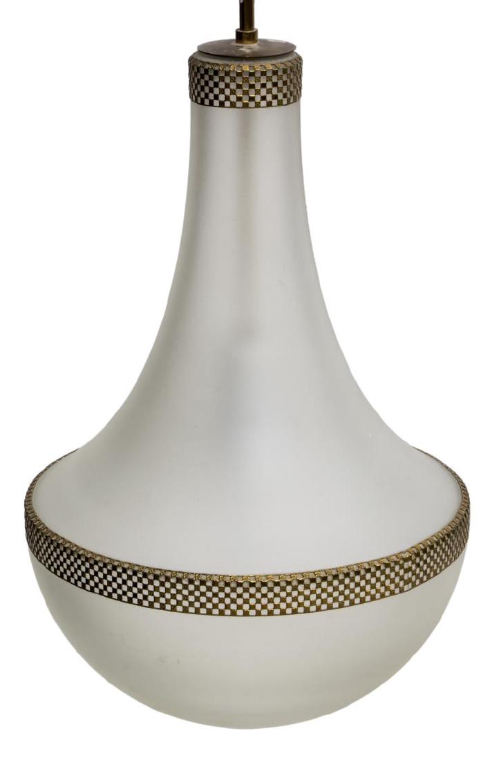 ITALIAN MID-CENTURY MODERN STILNOVO CHANDELIER: Italian mid-century modern 1 light pendant chandelier, by Stilnovo, c. 1960's, having brass ceiling cap and chain, short standard, flared frosted glass shade, pierced gilt brass accents, open to botto