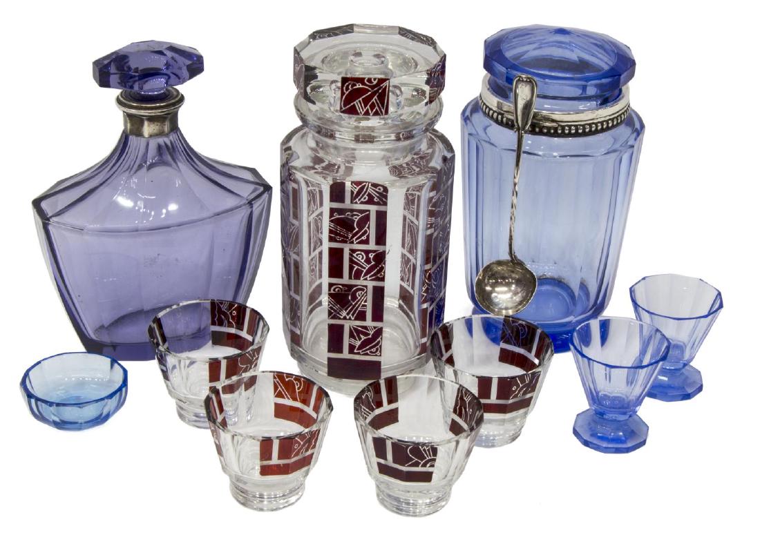 (10) GROUP OF ART DECO BARWARE DECANTERS, GLASSES: (lot of 10) Continental brass barware, including: (1) Bohemian Art Deco decanter, c. 1930, alternating colorless and red panels, with geometric design, approx 8.25"h, 4"diam; (4) corresponding glasses