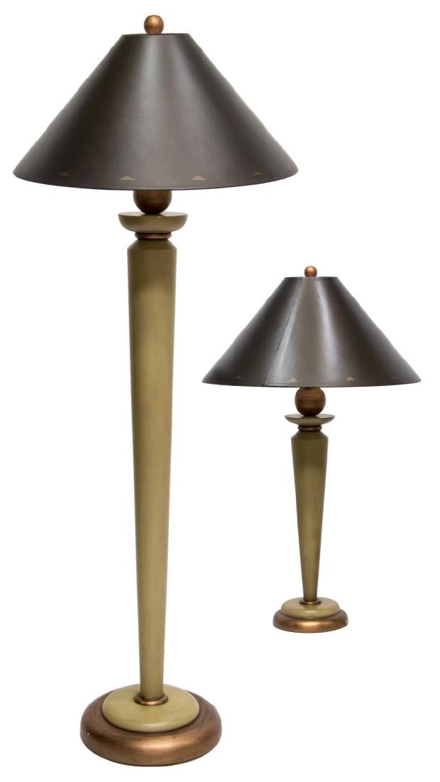 (2) CONTEMPORARY TABLE & FLOOR LAMPS: (lot of 2) Lighting, including: (1) table lamp, wood base with painted copper accents, approx 28.25"h; (1) corresponding floor lamp, approx 58"h; 16.5lbs total Start Price: $50.00
