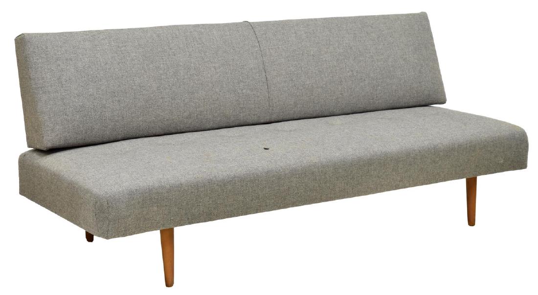 DANISH MID-CENTURY MODERN TEAK UPHOLSTERED DAYBED: Danish mid-century modern daybed, c. 1960, with upholstered button seat, rising on tapered legs, one loose button, back not attached, must be used against a wall to function as a couch, approx 30"h, 7
