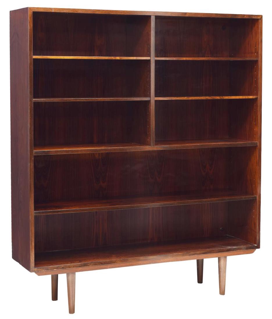 DANISH MID-CENTURY MODERN ROSEWOOD BOOKCASE: Danish mid-century modern rosewood divided bookcase by Omann Jun MÃ¸belfabrik, 1960's, adjustable height shelves, rising on tapered turned legs, 55.75"h, 47.25"w, 11.5"d Start Price: $150.00