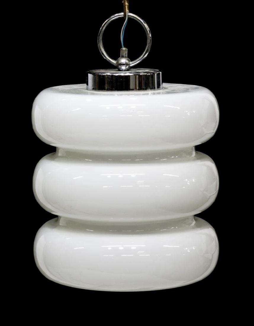 ITALIAN MID-CENTURY MODERN 1-LIGHT HANGING LAMP: Italian mid-century modern single light hanging lamp, c. 1960, lobed white glass shade housing one light, in need of wiring, from top of shade: approx 12"h, from top of plate: 36"h, 12"w Start Price: 
