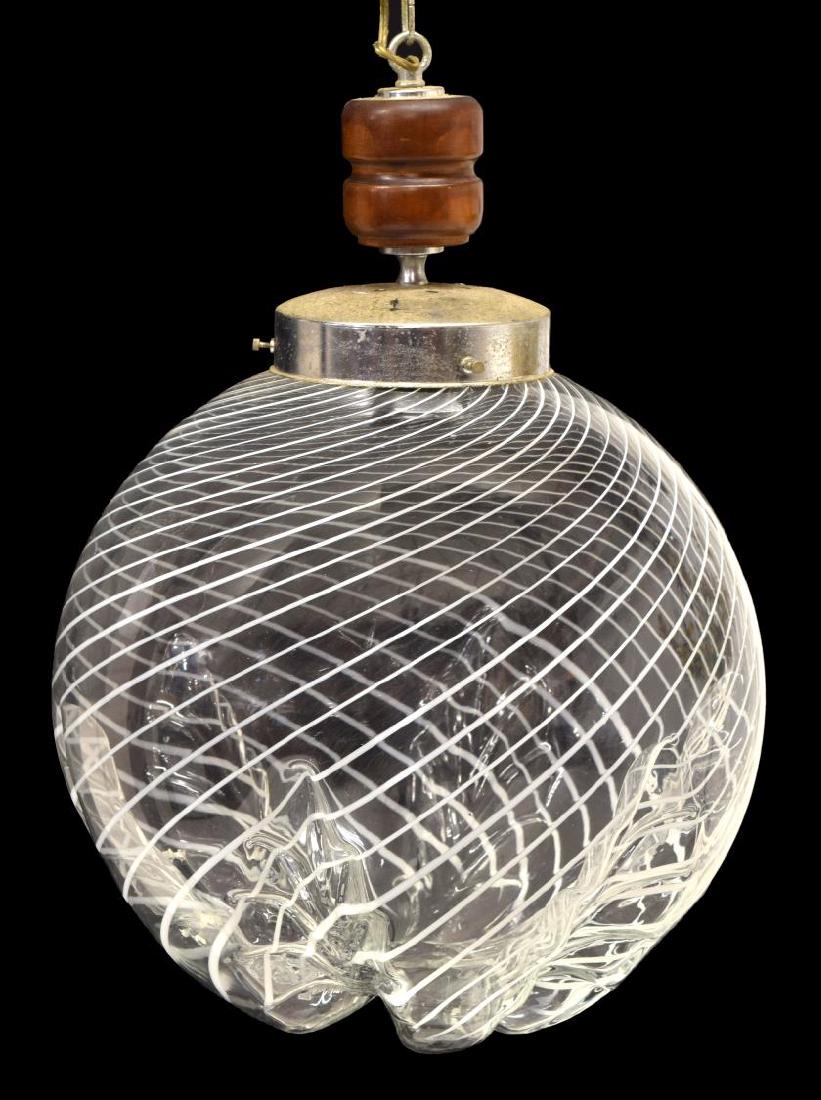ITALIAN MID-CENTURY CHROME & GLASS CEILING LAMP: Mid-century modern ceiling lamp, Italy, having chrome ceiling cap, with turned wood and chrome pendant holder, above clear and white striped art glass globe, globe in the style of Mazzega, in need of 