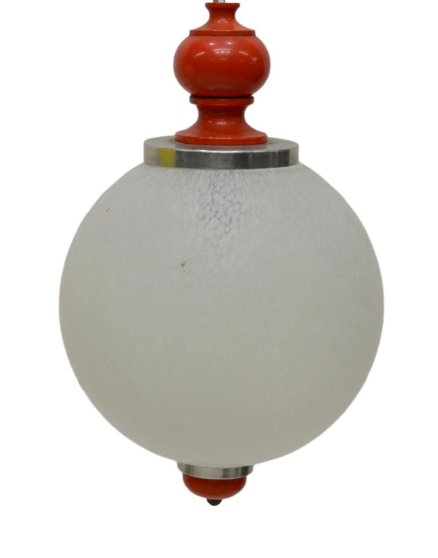 ITALIAN MID-CENTURY MODERN ONE LIGHT CEILING LAMP: Italian mid-century modern one light hanging lamp, c. 1960, suspended marbelized globular glass shade with red top and drop finial enclosing one light, in need of wiring, approx 41"h, 12"w Start Price