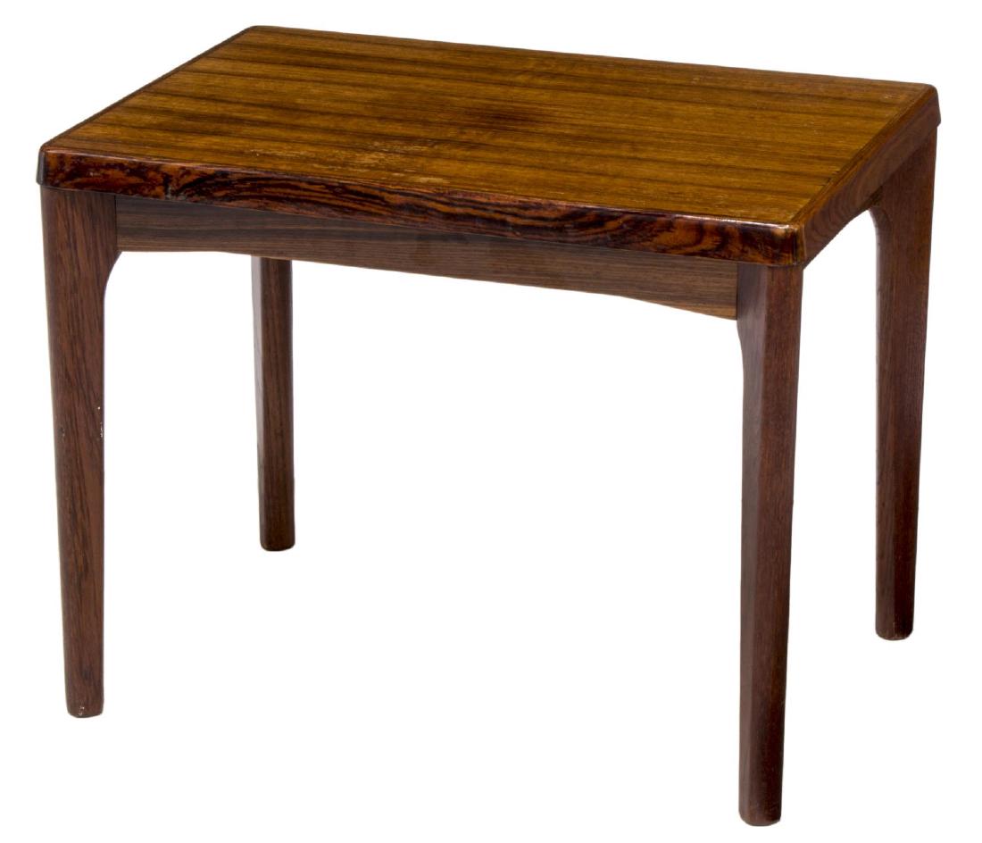 VEJLE STOLE DANISH MID-CENTURY ROSEWOOD SIDE TABLE: Danish mid-century modern rosewood side table, c. 1960, produced by Vejle Stole Mobelfabrik, with rectangular top over block legs, approx 20"h, 25.5"w, 17.5"d Start Price: $60.00