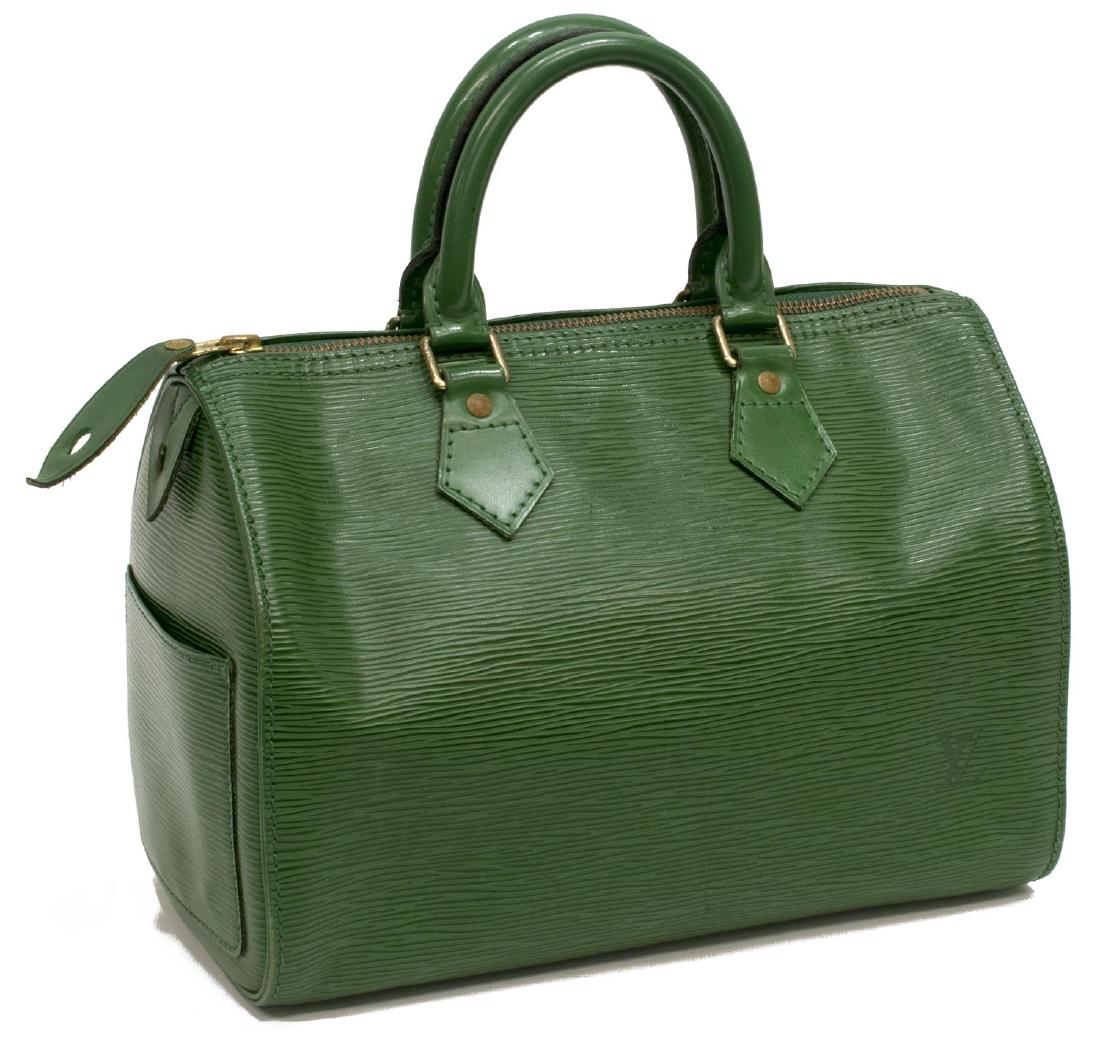 LOUIS VUITTON 'SPEEDY 25' GREEN EPI LEATHER BAG: Louis Vuitton "Speedy 25" handbag, in Borneo green Epi leather, with brass hardware, double rolled top handles, slot pocket to side, zip top opening hanging pocket and key ring, some creasing, bag: me