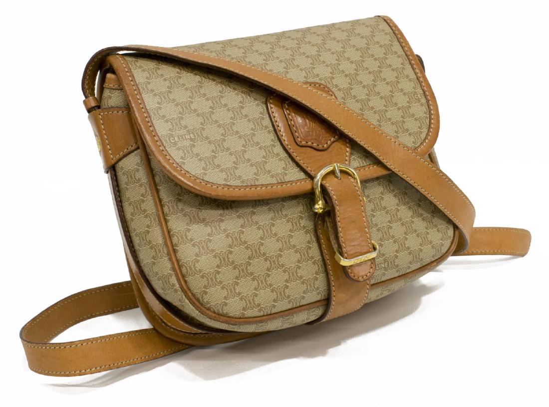 CELINE TAN MACADAM MONOGRAM CANVAS SATCHEL: Celine satchel bag, in tan Macadam monogram canvas, with gold-tone hardware, leather trim and adjustable shoulder strap, slit pockets on exterior sides, magnetic flap opening with buckle accent, zippe