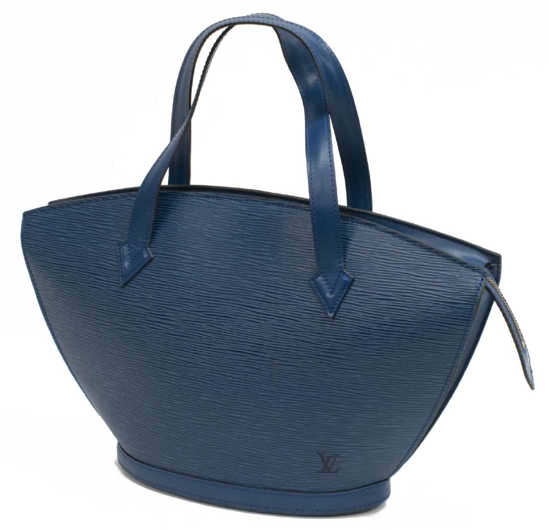 LOUIS VUITTON "ST. JACQUES PM" BLUE EPI LEATHER: Louis Vuitton "St. Jacques PM," in blue Epi leather, with brass hardware, dual flat top handles, tonal Alcantara lining, single pocket at interior wall, zip closure at top, some wear to bottom, bag: m