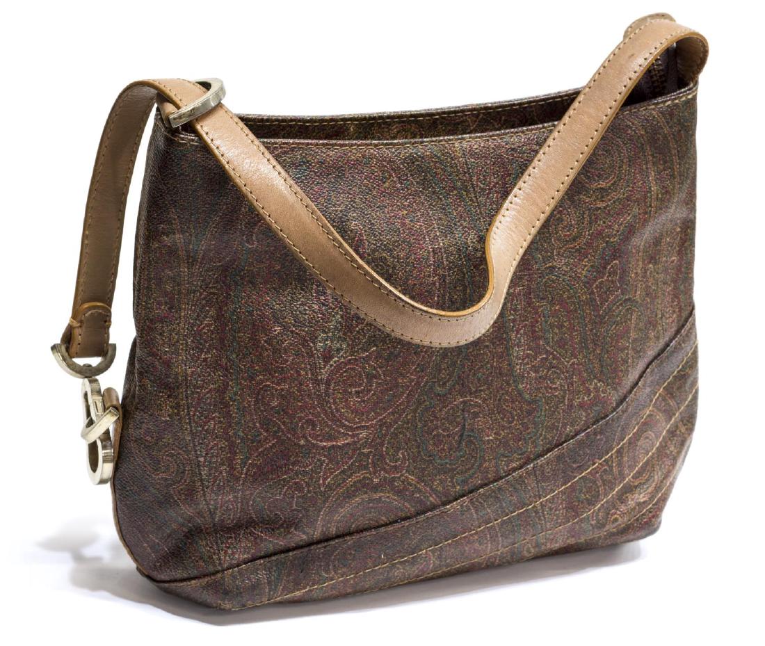 VINTAGE ETRO COATED CANVAS SHOULDER BAG: Etro coated canvas shoulder bag, having gold tone hardware, shoulder strap, lined interior with zipper pocket, retaining dust bag, creasing, stiffness, wear, bag: measurements for shipping purposes on