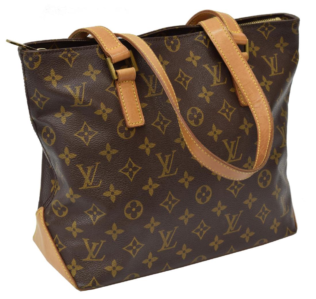 LOUIS VUITTON 'CABAS PIANO' MONOGRAM TOTE BAG: Louis Vuitton "Cabas Piano" tote bag, brown and tan monogrammed coated canvas, brass tone hardware, tan vachetta leather trim, dual flat shoulder straps, single zipper closure, interior brown canvas l