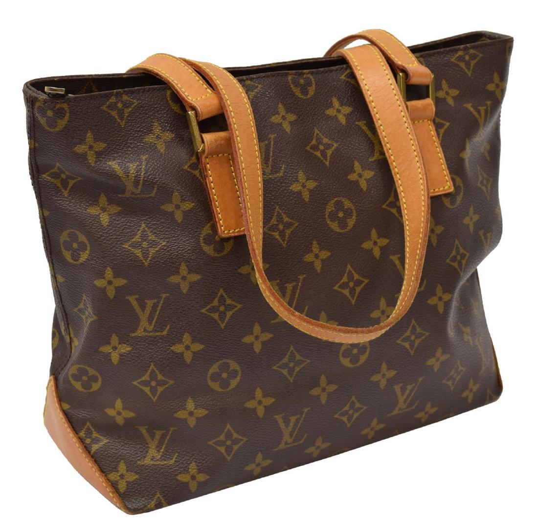 LOUIS VUITTON 'CABAS PIANO' MONOGRAM TOTE BAG: Louis Vuitton "Cabas Piano" tote bag, brown and tan monogrammed coated canvas, brass tone hardware, tan vachetta leather trim, dual flat shoulder straps, single zipper closure, interior brown canvas l