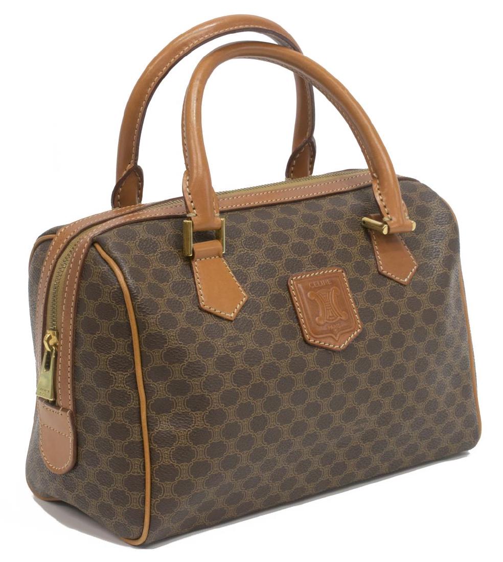 VINTAGE CELINE MACADAM MINI BOSTON BAG: Vintage Celine mini Boston bag, in brown macadam canvas, having cognac leather trim and double rolled handles, embossed logo at front, leather-lined interior, with single zip pocket, some wear to edge