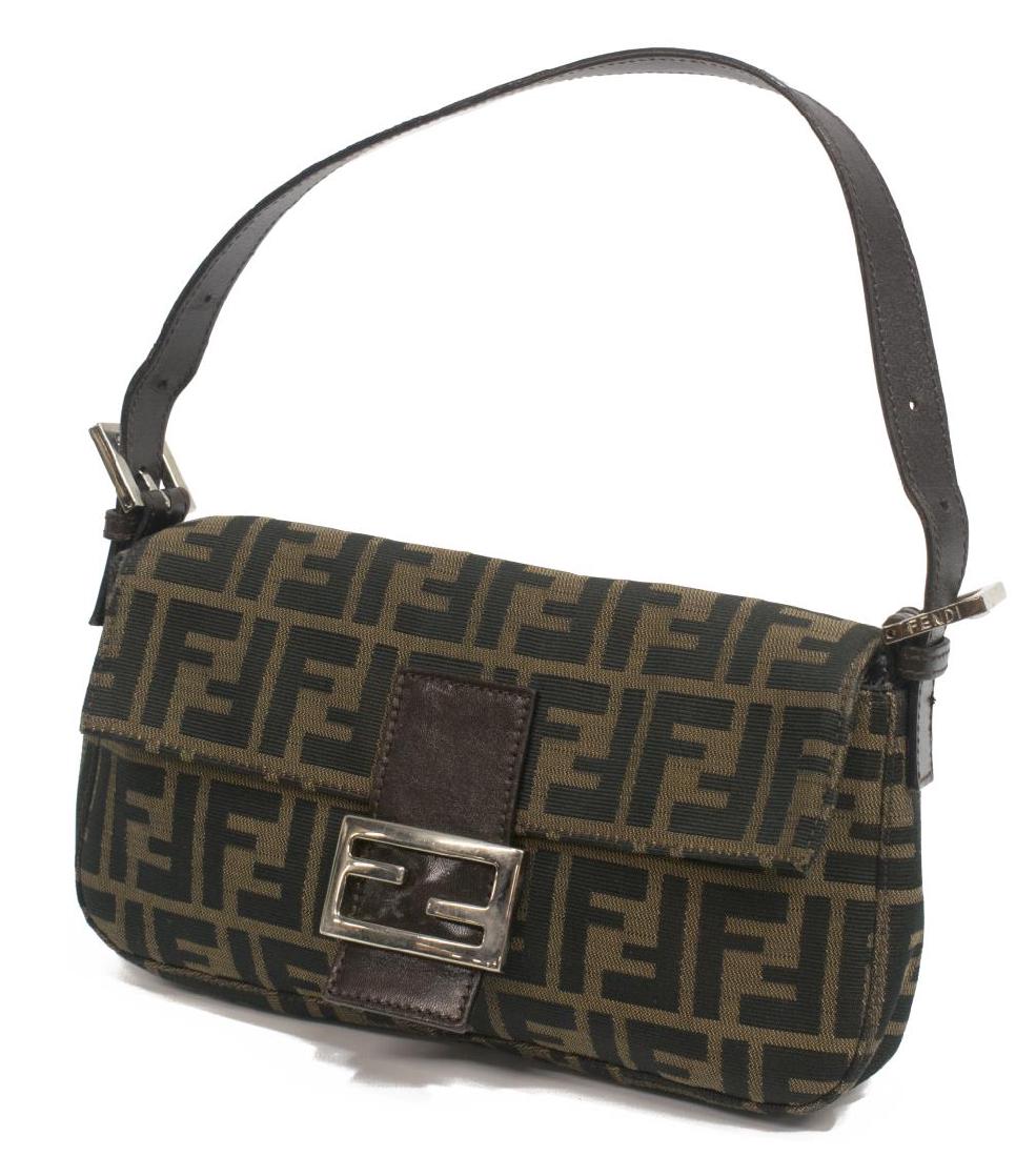 FENDI MONOGRAM CANVAS & LEATHER SHOULDER BAG: Fendi monogram canvas shoulder bag, brown leather strap and closure with silver tone metal logo, lined interior with single zip pocket, bag: measurement for shipping purposes only- approx 6.5"h, 11"w,