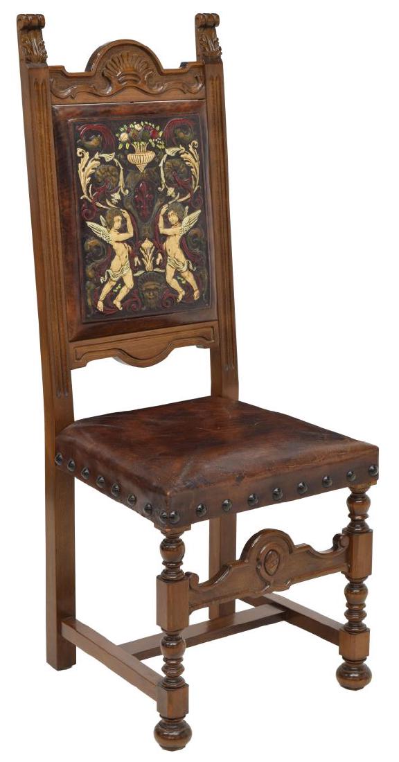 ITALIAN LEATHER AND CARVED OAK SIDE CHAIR (1 of 3)