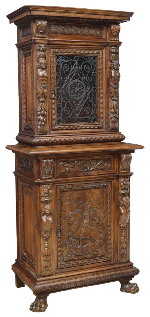 CARVED WALNUT CABINET GLASS FRONT, EARLY 20TH C. (1 of 2)