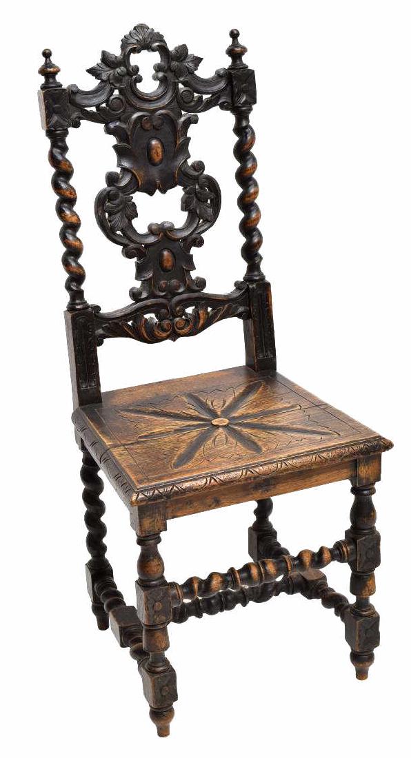 VICTORIAN CARVED BARLEY TWIST OAK HALL CHAIR (1 of 2)