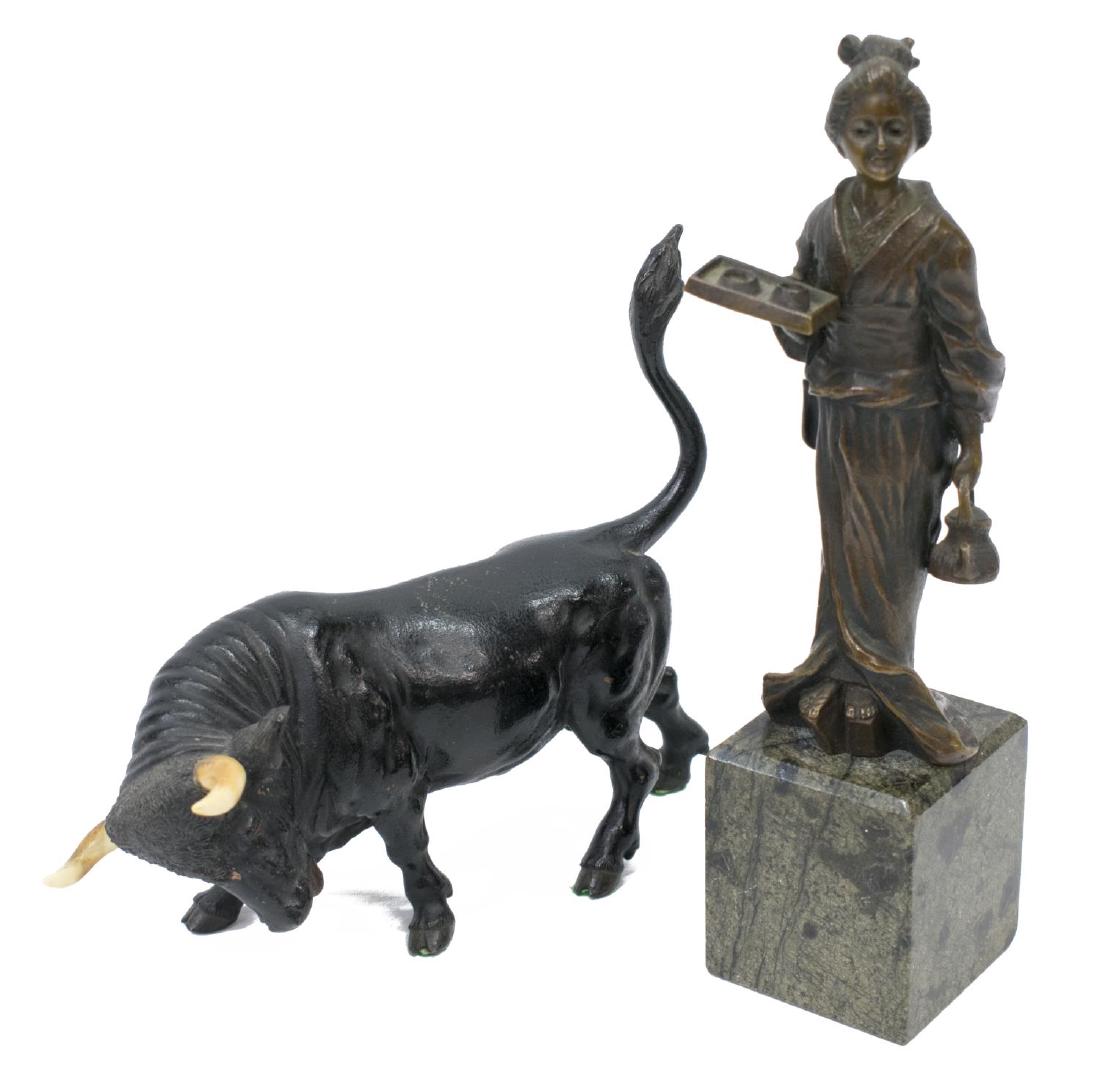 2) JAPANESE BRONZE MODEL OF A BULL & BRONZE GEISHA (1 of 6)