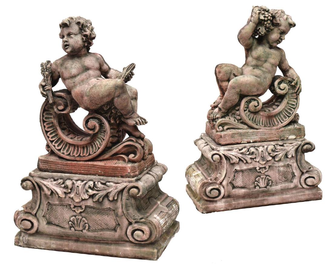 (2) CAST STONE PUTTI GARDEN STATUE ON PLINTH, 46"H (1 of 4)