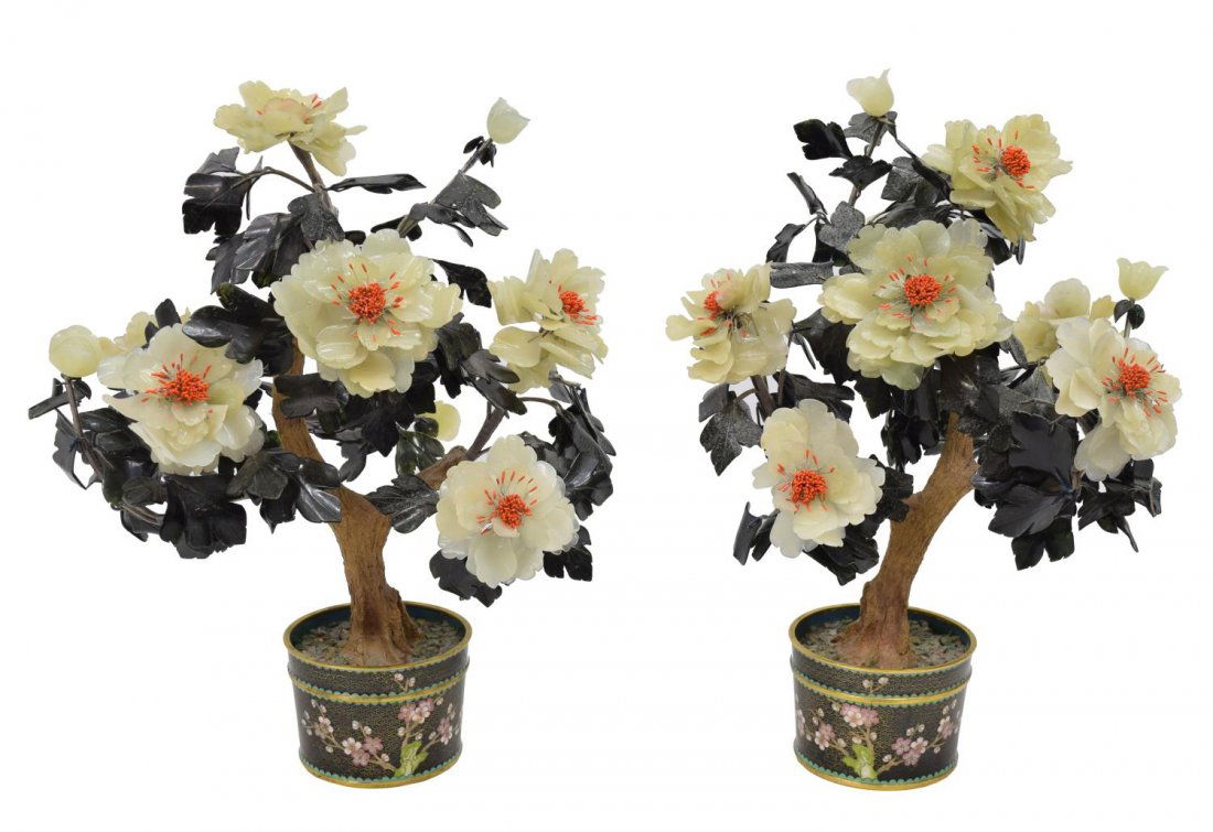 (2) CHINESE HARDSTONE FLOWERING TREE CLOISONNE POT (1 of 4)