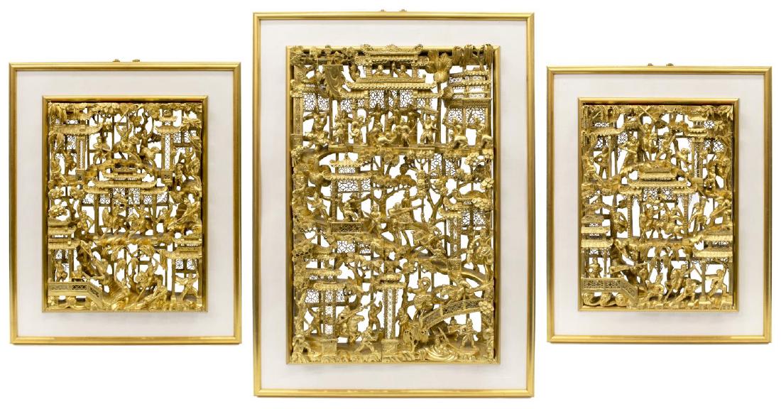 (3) CHINESE PARCEL GILT CARVED FIGURAL PANELS (1 of 7)