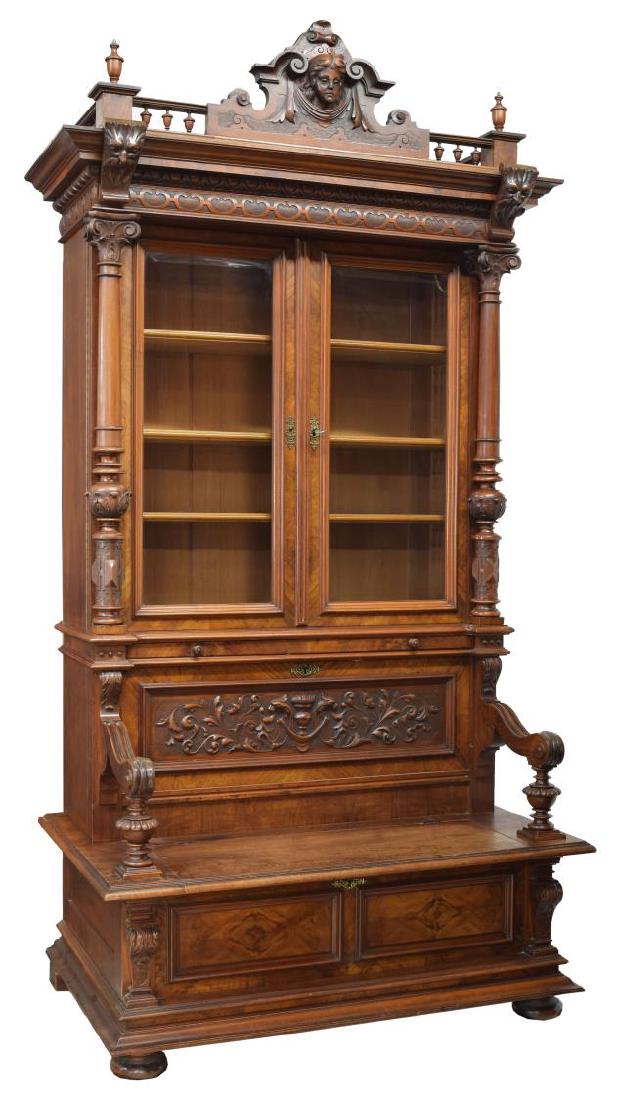 FRENCH MAHOGNY/WALNUT BOOKCASE BENCH, 19TH C., (1 of 5)