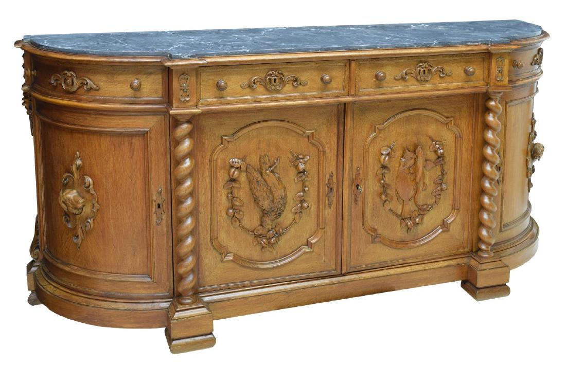 VICTORIAN OAK MARBLE TOP CARVED GAME SIDEBOARD (1 of 2)