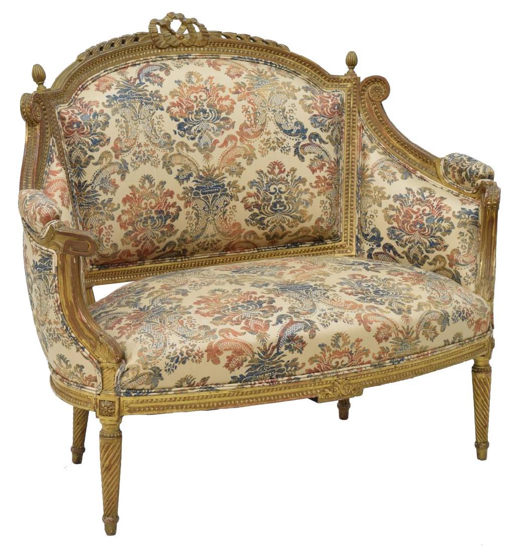 LOUIS XVI STYLE RIBBON CARVED GILTWOOD SETTEE (1 of 3)